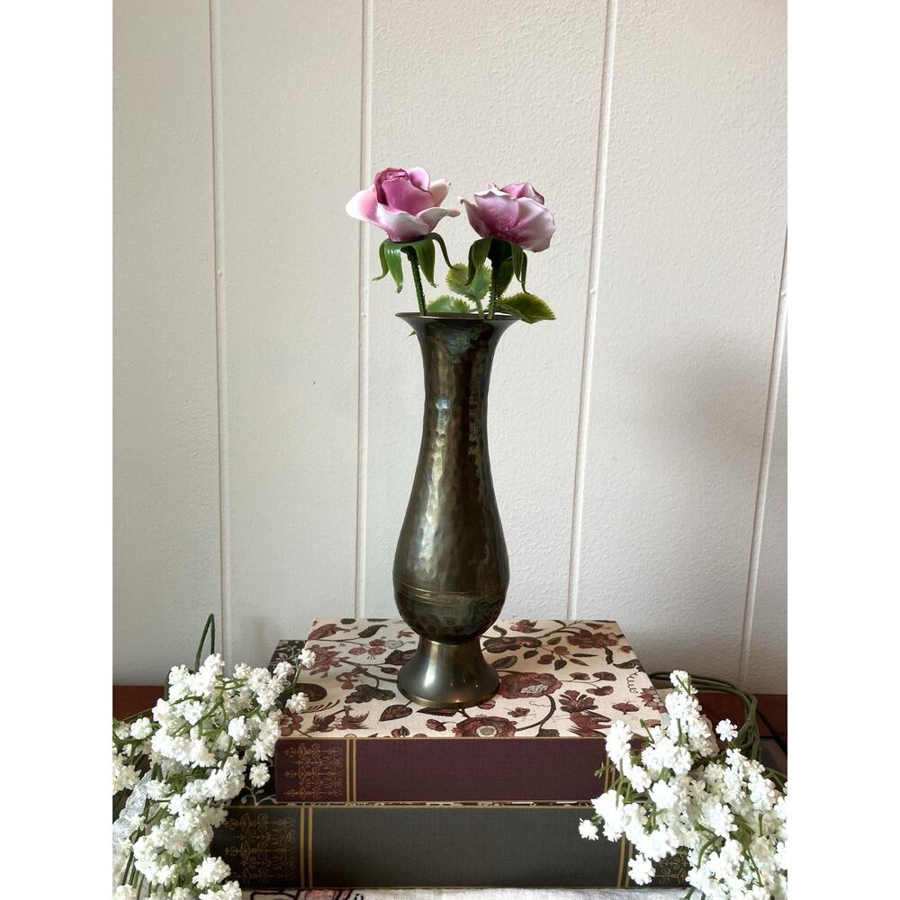 Brass Vase With Ceramin Flowers 9” Tall